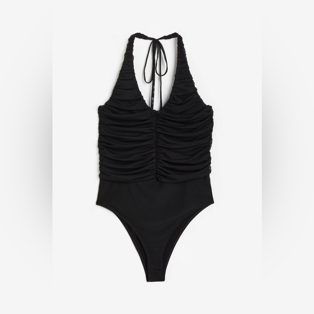 Elegant Black Draped Halterneck bodysuit - Picture 2 of 4